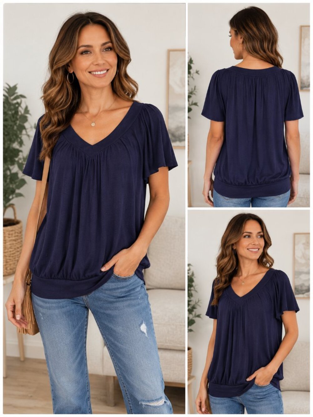 Zenana Navy V Neck Knit Top Buttery Soft Tee Flutter Sleeve L